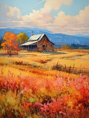 Rustic Barns in Fall Foliage: Vibrant Landscape with Bright Fall Colors on Barn