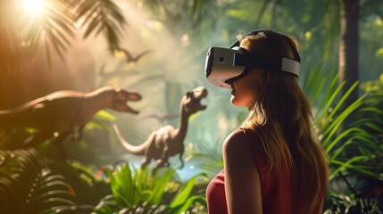 VRゴーグルで恐竜の時代を疑似体験する女性
