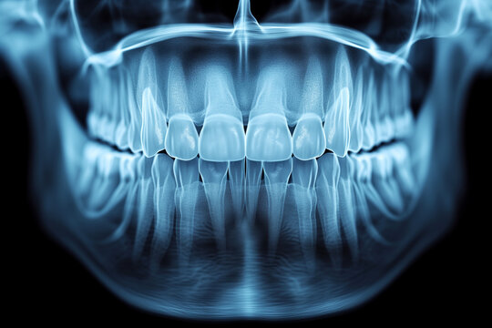 Dental X-Ray of human teeth. Monochrome facial image. Healthy teeth concept.