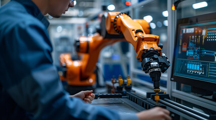 Engineer working with a robot arm in a high-tech manufacturing plant.