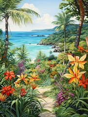 Turquoise Caribbean Shorelines: Coastal Flora in a Serene Garden Scene