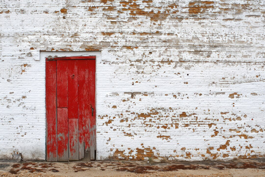 Vibrant red door stands out against white brick wall. This image can be used to depict themes of entrance, contrast, and architecture