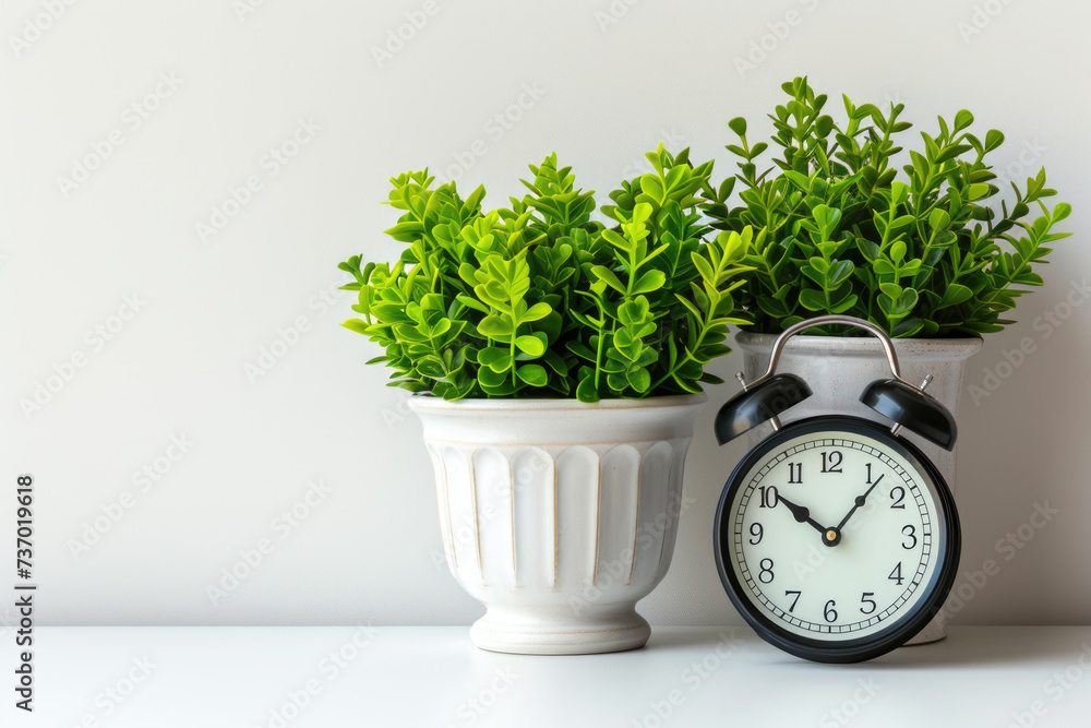 Poster Alarm clock sitting next to potted plant. Suitable for depicting time management or adding touch of nature to any setting