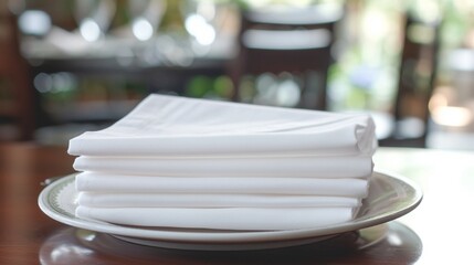 A stack of white cotton napkins neatly folded and placed on a dining table for a formal dinner - obrazy, fototapety, plakaty
