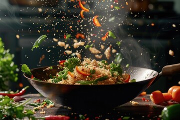 A wok with spicy fried rice flying with spices ingredients