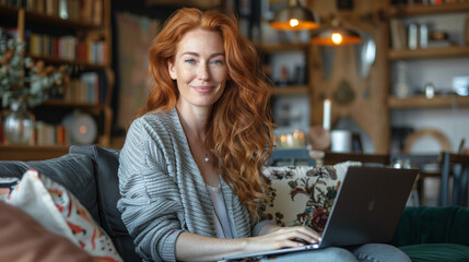 female freelancer working at home on a laptop sitting on the sofa, smiling
