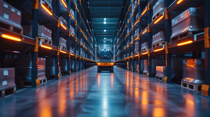 Automated Guided Vehicles (AGVs) transport packages efficiently alongside robotic arms in a high-tech, fully automated warehouse environment. - obrazy, fototapety, plakaty
