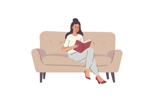 woman in light clothes sits on the sofa and reads a book on a white background