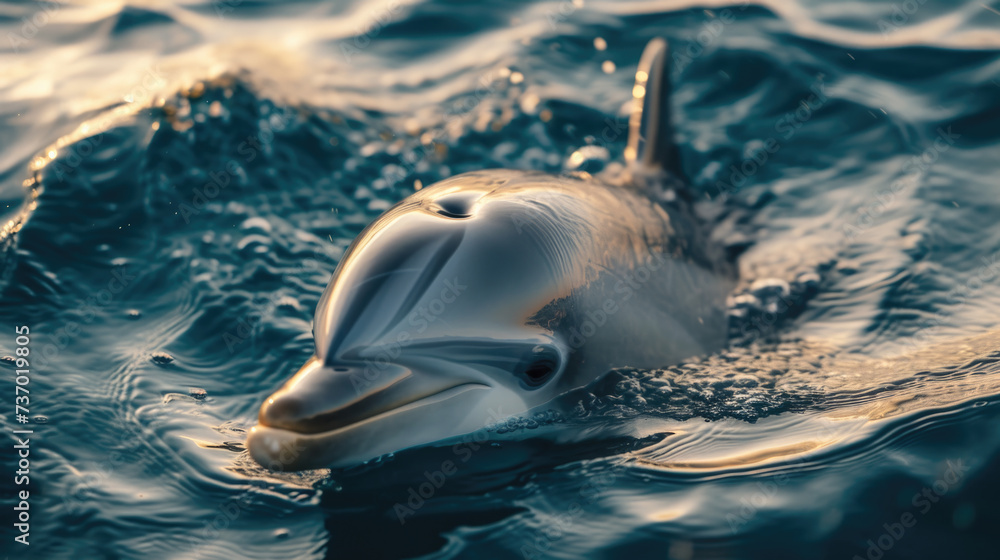 Poster dolphin captured in water with its mouth open. this image can be used to depict playful nature of do