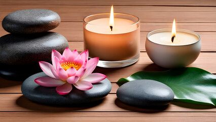 zen stones with a candle and a lotus flower, a mockup, a space for copying