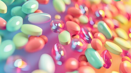 Colorful pills on blue background. Top view with copy space