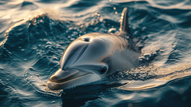 Dolphin captured in water with its mouth open. This image can be used to depict playful nature of dolphins and their unique underwater behavior