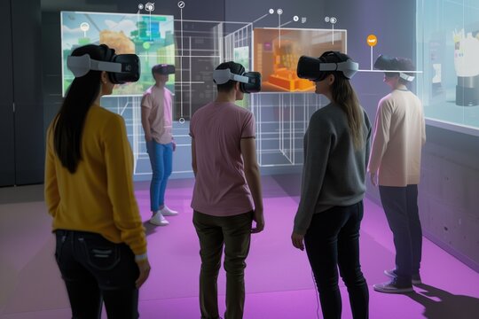 Boys and gerls wearing virtual reality glasses in modern interior design studio and trying to touch dots network and earth map or something appear in VR with exciting.Flares effect