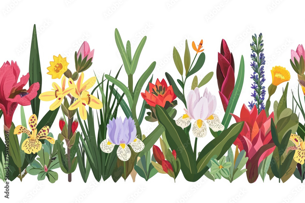 Poster colorful flowers arranged in row on clean white background. perfect for adding pop of color to any d