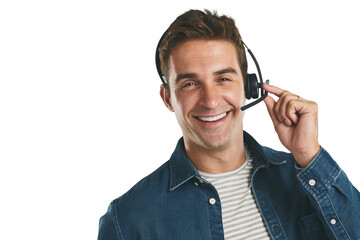 Man, portrait and headset for telemarketing assistance for customer service, support or microphone....