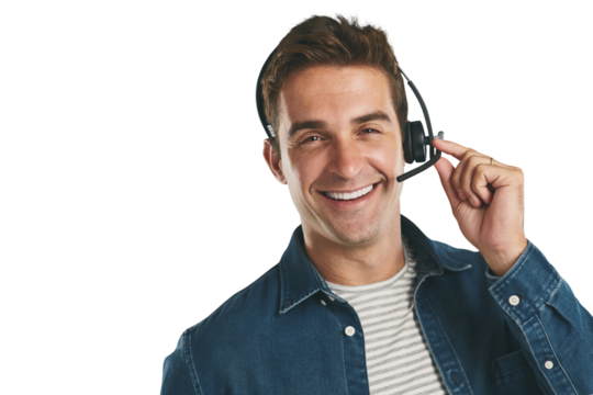 Man, portrait and headset for telemarketing assistance for customer service, support or microphone. Male person, face and confidence or isolated transparent png background, call center or advisor