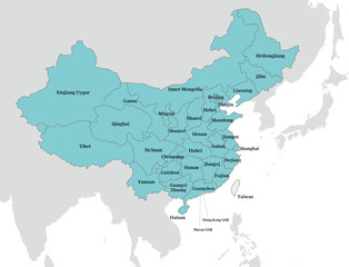 中国と台湾の地図、省の境界線、香港、マカオ、英語の地名入り - obrazy, fototapety, plakaty