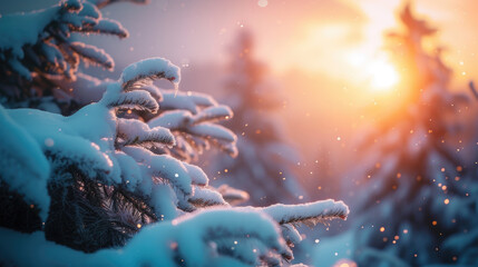 Beautiful snow covered pine tree with sun shining in background. Perfect for winter-themed designs or nature-related projects - Powered by Adobe