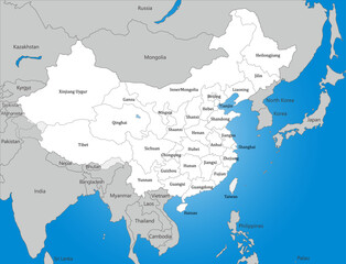 中国、台湾と周辺国の白地図、国境線、英語の地名入り