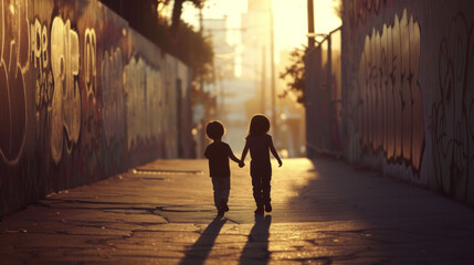 silhouette of children, a boy and a girl, walking along the street with walls covered in graffiti,...