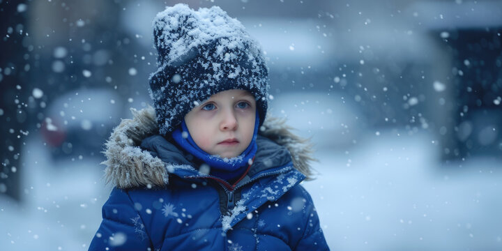 Small child wearing blue jacket and hat, standing in snow. Suitable for winter-themed projects