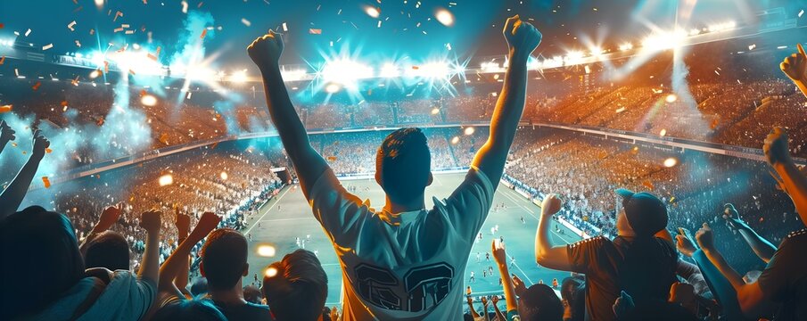 Enthusiastic Fans Fill a Nighttime Stadium, Cheering on Their Soccer Team. Concept Nighttime Stadium, Soccer Fans, Enthusiastic Cheer, Team Support, Stadium Atmosphere