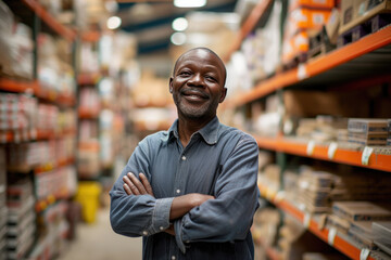 Smiling middle-aged African man in a hardware warehouse, standing with arms folded in the middle of a building materials aisle - obrazy, fototapety, plakaty