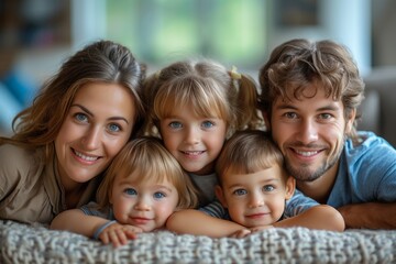 Obraz premium A happy and affectionate family portrait, with big smiles, lying together on a bed at home.