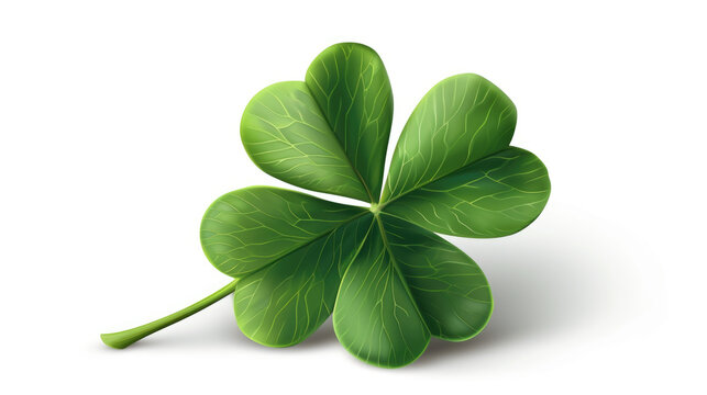 Four leafed clover is depicted on white surface. This image can be used to symbolize luck and good fortune