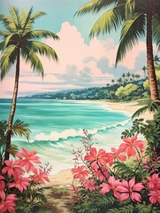 Turquoise Caribbean Shorelines: A Vintage Painting of Retro Beach Vibes
