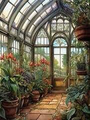 Fototapeta na wymiar Reimagined Victorian Greenhouse: Abstract Botanical Landscapes with Unique Plant Interpretations
