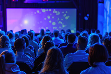 Large group of people gathered together, sitting in front of screen. This image can be used to represent teamwork, collaboration, meetings, or presentations