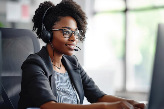 Woman sitting in front of computer wearing headset. This image can be used to represent customer service, remote work, or technology support