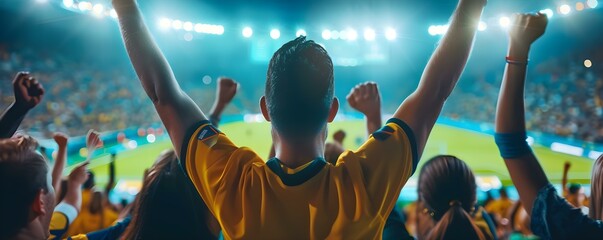 Enthusiastic football fans celebrate their teams victory at a vibrant nighttime stadium. Concept Nighttime Victory Celebrations, Enthusiastic Football Fans, Vibrant Stadium Atmosphere - obrazy, fototapety, plakaty