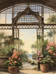 Victorian Beach Scene Painting: Coastal Conservatory Bursting with Botanicals