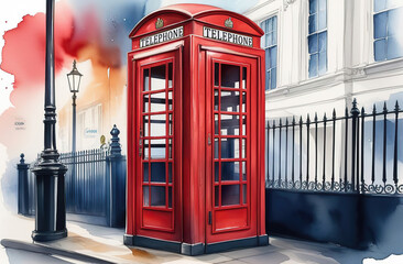 Beautiful watercolor illustration of red London telephone boxes in London, UK.