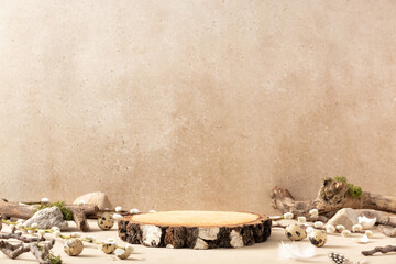 Empty round wooden podium, quail eggs with a sprig of fluffy willow, stones and sticks