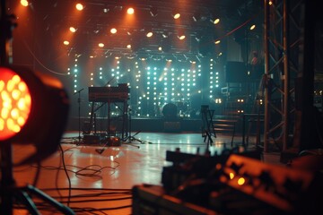 A stage at rehearsal. live production. Blurred motion. bright lights, setting up live stage equipment