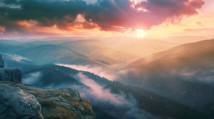 The misty panorama unveils a beautiful sunrise casting its glow upon the rocky mountains, offering...