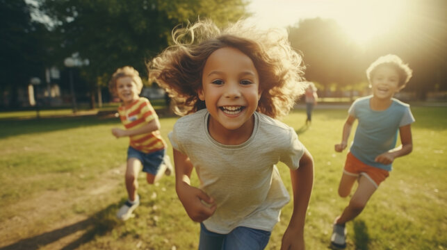 Children running in park. Suitable for outdoor activities and children's playtime