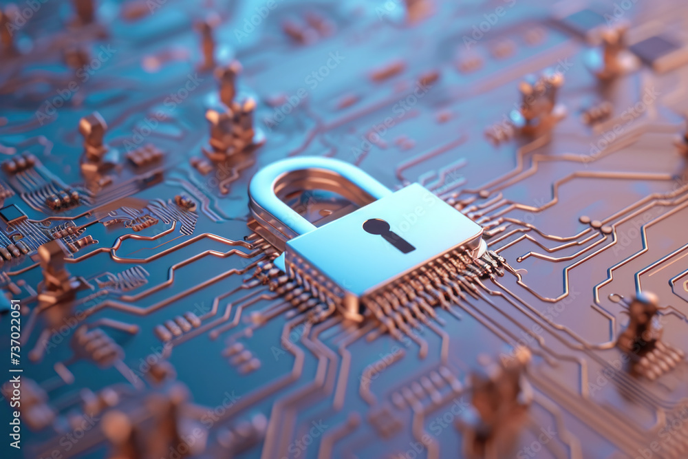 Aufkleber padlock is placed on top of circuit board. this image can be used to represent cybersecurity, data p