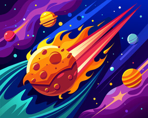 space background comet meteor shower sky stars planet futuristic science bright beautiful vector illustration