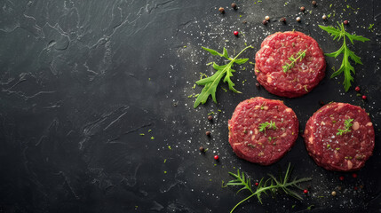 Mince beef Meat, raw meat cutlets. Top view. Space for text. Raw ground beef burger patties on a black background. Patty of minced meat for burger. Black background. Top view. Copy space - obrazy, fototapety, plakaty