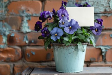 Sun-drenched purple pansies spill from a blue pot against a rustic brick backdrop, creating a delightful burst of color