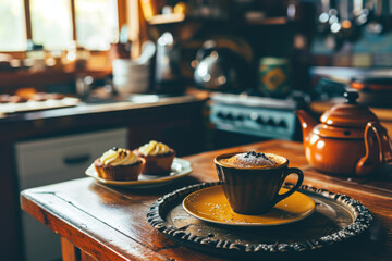Cup of coffee and plate of muffins on kitchen counter. Perfect for food and beverage-related projects