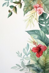 Exotic Tropical Leaves Watercolor Border with Delicate Flowers