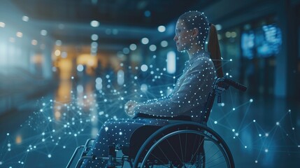 concept of AI-driven accessibility with an image of people with disabilities using AI-powered assistive technologies to enhance their independence and quality of life - obrazy, fototapety, plakaty