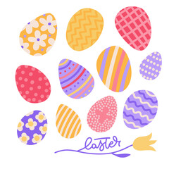 Cute hand drawn Easter eggs set. Flat hand drawn Shell decorated with different shapes, lines and circles in various colors. Simple icons and elements for posters and holiday banners