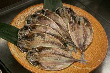 Dried fish at a food stall at the Tsukiji Outer Market in the city of Tokyo in Japan.