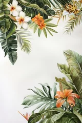 Canvas schilderij Jungle Exotic Tropical Leaves Watercolor Border with Delicate Flowers  © ran